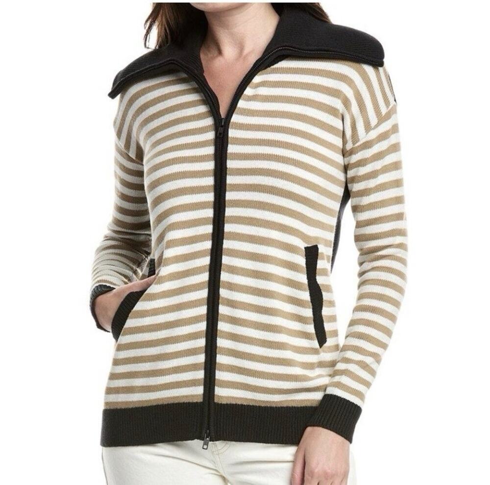 CAbi Women’s Small Mascot Cardigan (6448) Black/Tan/Cream Striped Sweater SP2024